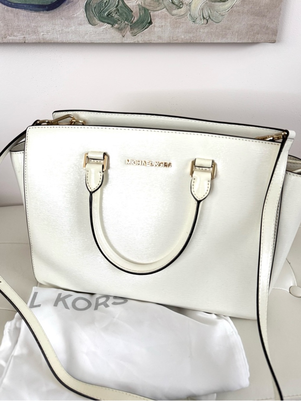 Michael Kors Selma textured White Saffiano Satchel with Gold Hardware